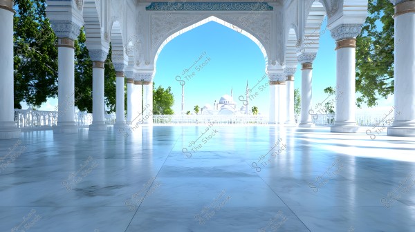 Image of an architectural pavilion with stunning Islamic design, featuring white marble columns adorned with golden details, and an arched ceiling with Arabic ornaments. In the background, a large mosque with domes and tall white minarets is visible. The sky is clear and blue, surrounded by lush green trees.