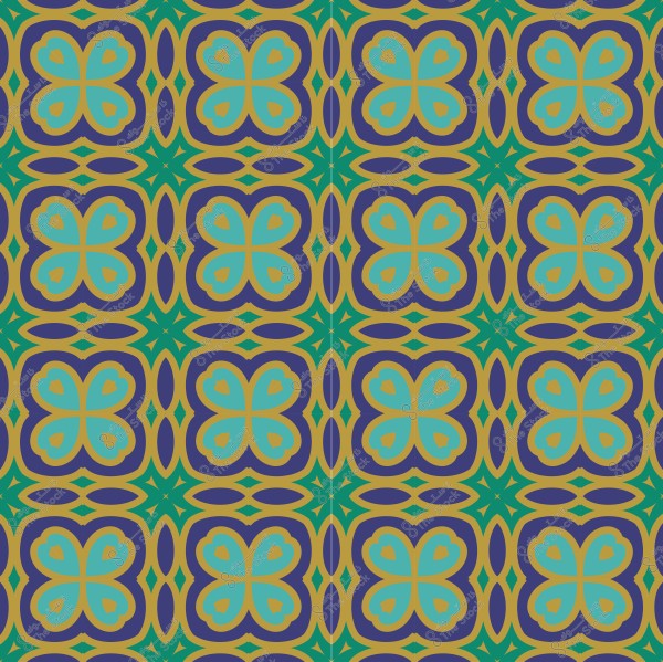 نمط هندسي متكرر بأشكال أزهار بألوان خضراء وبنفسجية وزرقاء.
