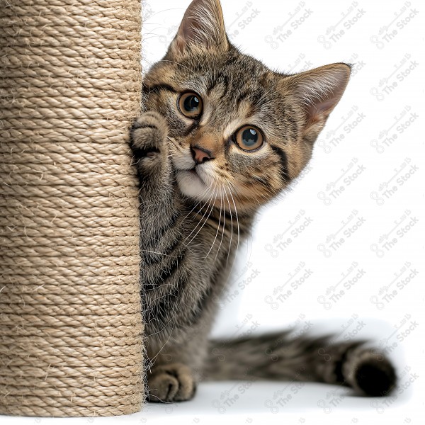 A small brown striped kitten playing with a sisal post by AI