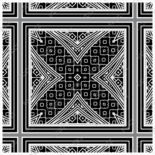 نمط هندسي أبيض وأسود يتضمن خطوط وزخارف مكررة تشكل تصميمًا مركزيًا متداخلًا.