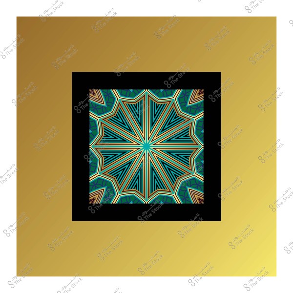 تصميم هندسي ذو نمط نجمي بألوان زاهية داخل إطار أسود على خلفية ذهبية.