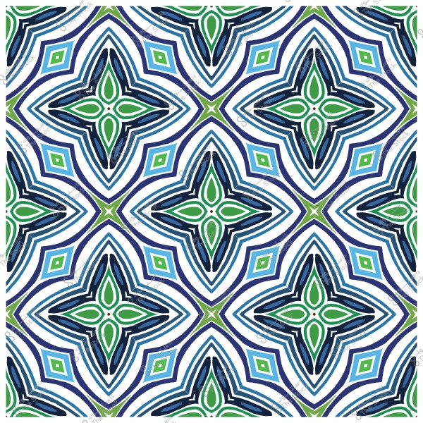 Geometric pattern in blue and green colors, featuring a repeating design of squares and stars.