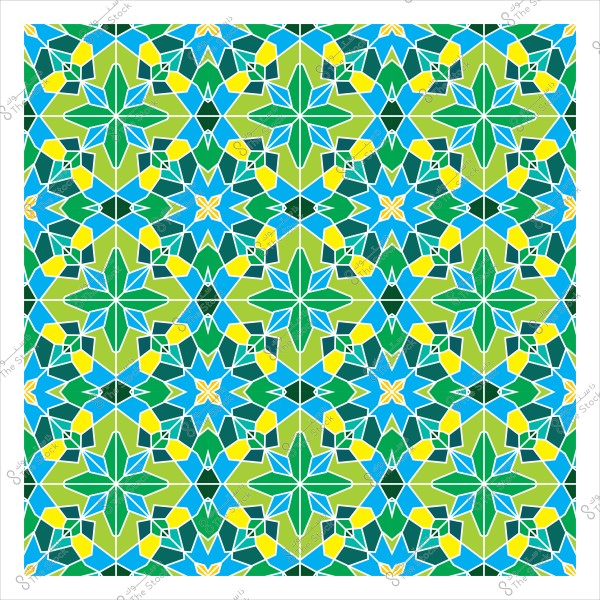 نمط هندسي متكرر بألوان زاهية من الأخضر والأزرق والأصفر, يُظهر تصميمًا على شكل نجوم وهندسة متعددة الزوايا, مستوحى من الفن الإسلامي التقليدي.

-