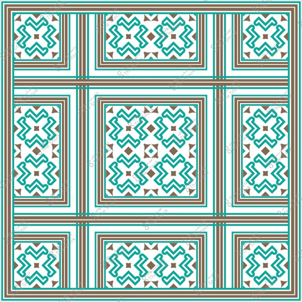 تصميم هندسي مزخرف بألوان فيروزي وبني, يتكون من أشكال متكررة وأنماط تقاطعية.