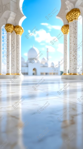 An architectural scene showing a large white dome with gold ornaments and decorative columns. The sky is blue and clear in the background, with light reflections on the smooth and shiny flooring.