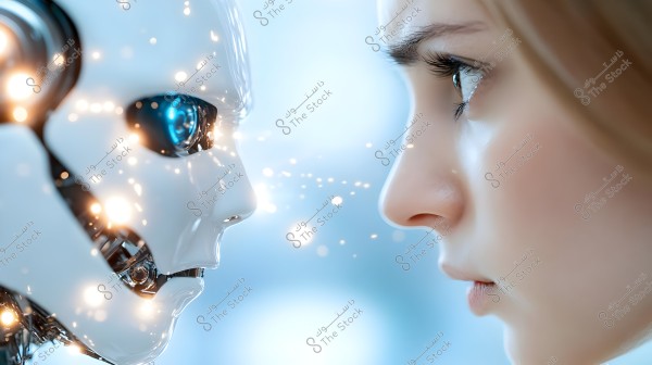 An image showing a close-up of a human face facing a shiny white robot face. The focus is on the eye contact interaction between the human and the robot with striking light effects. The background is a soft blue, adding depth to the scene.