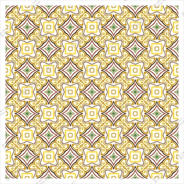 نمط هندسي متكرر يتضمن أشكالاً نجمية متداخلة بألوان ذهبية وبني وأخضر.