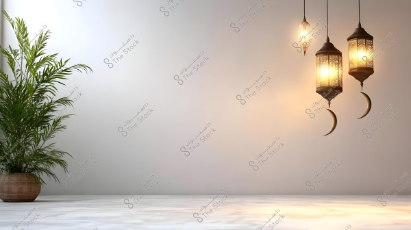 The image shows a simple and serene interior design. On the left side, there is a green plant in a wicker pot placed on a smooth white floor. On the right side, three hanging illuminated lanterns are visible, two of which are intricately decorated and feature a tilted crescent at the bottom of each, while the third is smaller and simpler.