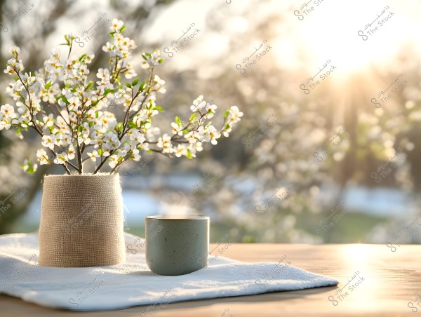 An image showing a fabric vase containing small white flowers and green leaves, placed on a wooden table with a white cloth underneath. The sun is bright in the background, creating a vibrant and illuminated effect.