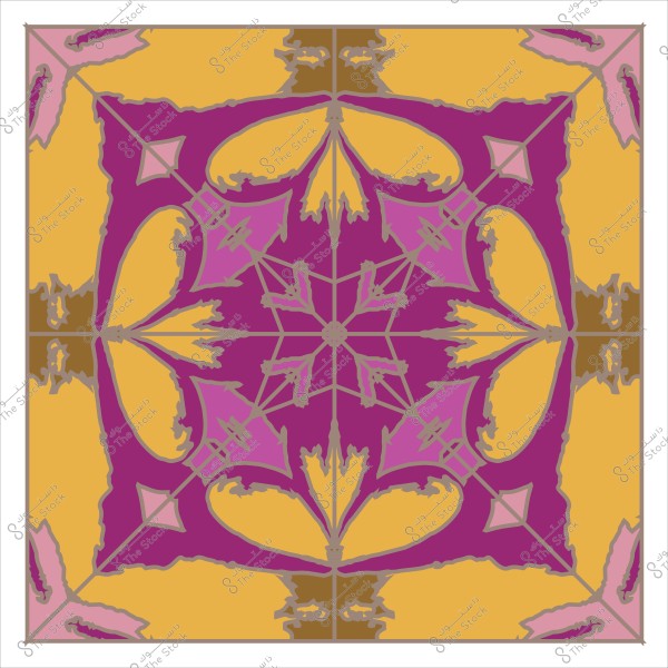 تصميم نمطي هندسي بألوان متعددة تشمل الأرجواني والأصفر والوردي, يتميز بأشكال نباتية متناظرة.