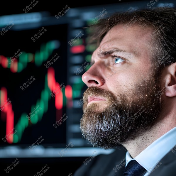 A portrait of a bearded man looking upwards, with a screen behind him showing a chart with red and green lines depicting market fluctuations. The man is wearing a suit with a white shirt and a black tie. The setting appears to be an office or financial environment.