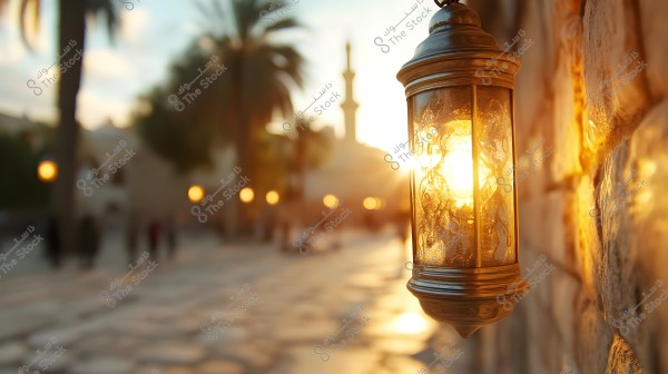 A lantern hanging on a stone wall in a cobblestone street, glowing with warm light at sunset. Palm trees and people walking in the background create a serene atmosphere, with a minaret and mosque lit by streetlights in the distance.