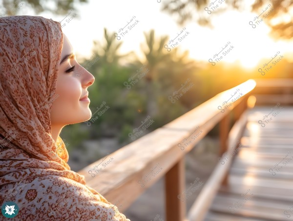 A side view of a woman wearing a patterned hijab, looking out at the sunset, surrounded by greenery. The sunlight casts a warm glow on her face, suggesting calmness and contemplation.