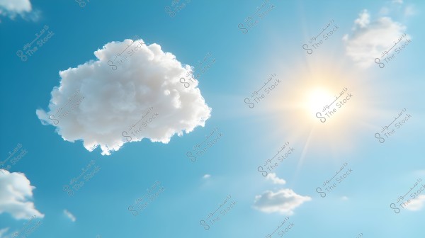 سماء زرقاء صافية مع بضع سحب بيضاء ناعمة متفرقة في الأفق. تشرق الشمس الساطعة على اليمين, تنشر أشعتها عبر السماء الشاسعة.