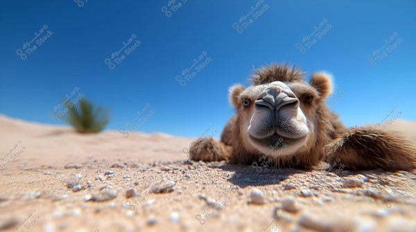 An image of a camel lying on the sand in the desert. The camel\'s face is in the foreground, highlighting its large features and thick fur. In the background, there is a small plant and vast desert under a clear blue sky.