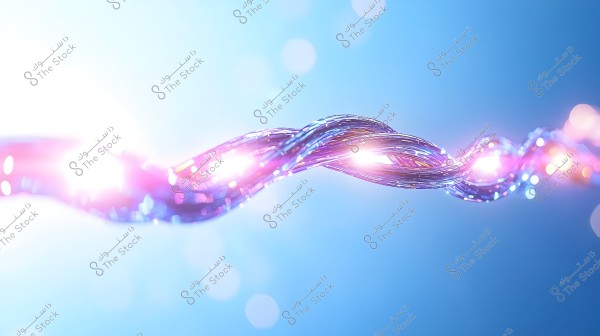 Image of a glowing, intertwined element with blue and purple tones, featuring bright, radiant lights. The element is set against a light blue background, resembling a DNA strand or optical fibers.