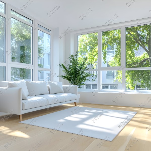 A bright living room featuring a white sofa with matching cushions, a white rug, and a large green plant next to expansive glass windows allowing natural light and a view of the trees outside the building.