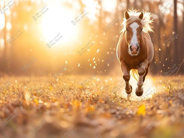 A light brown horse with blonde mane running across an open field during sunset. The bright sun is visible in the background, surrounded by golden rays, creating a magical atmosphere. The ground is covered with dry grass and scattered leaves.