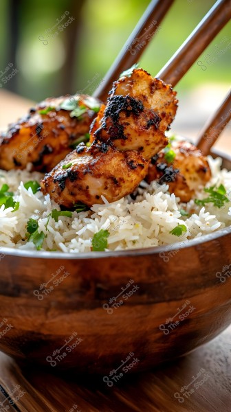 A wooden bowl containing white basmati rice garnished with cilantro leaves and large pieces of marinated, grilled chicken. Wooden skewers are inserted into the chicken for serving. The background is blurred with a green hue, suggesting an outdoor or natural setting.