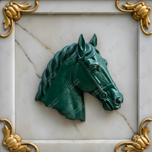A relief sculpture of a horse\'s head in dark green on a white marble background. The design features golden embellishments at the four corners, adding a touch of elegance. The horse is detailed, showing the features of the face and mane.