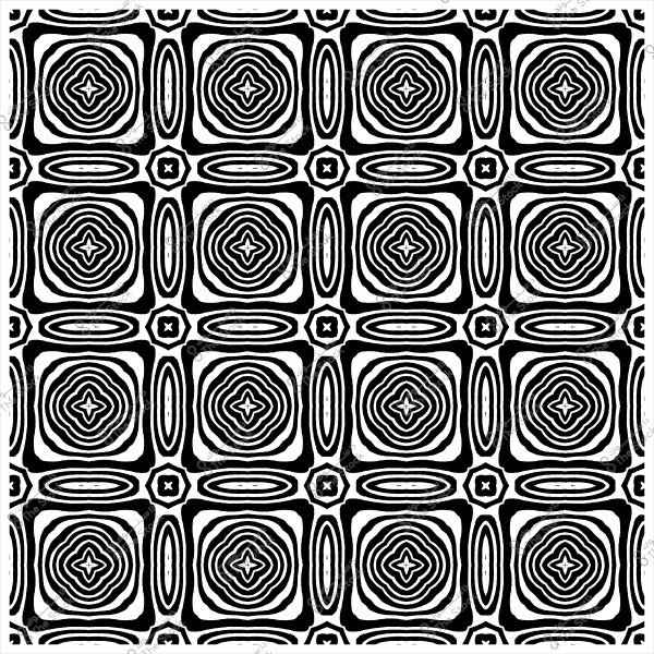 Repeating pattern of geometric shapes in black and white consisting of squares and interlocking curved lines symmetrically arranged.