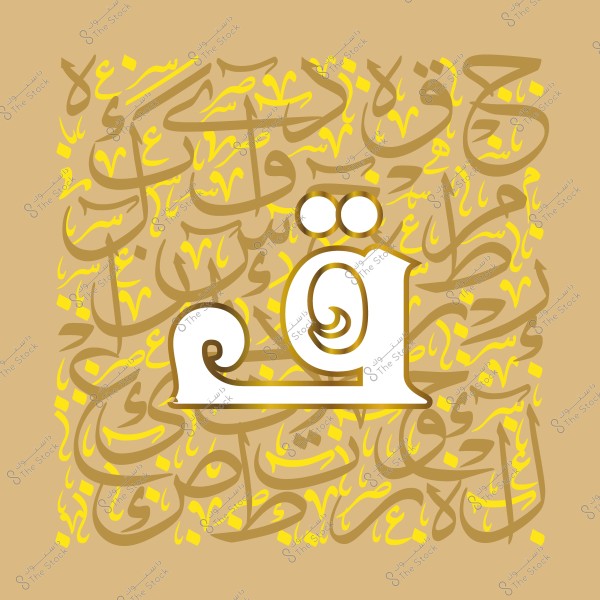 لوحة فنية تحتوي على الحرف العربي "ق" بأسلوب الخط العربي مع زخارف خلفية متنوعة.