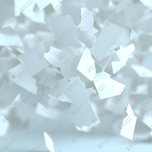 White papers flying in the air in a random pattern, set against a background with shades of light blue. The papers vary in size and shape, creating a dynamic visual effect.