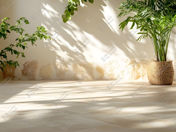 The image shows a corner of an outdoor space bathed in sunlight with lush green plants. The back wall is adorned with shadows from the trees, and there is a potted plant in a wicker basket on the right. The floor is made of light-colored tiles.