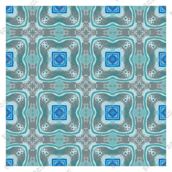 Geometric decorative pattern with blue and gray in symmetrical repetition.