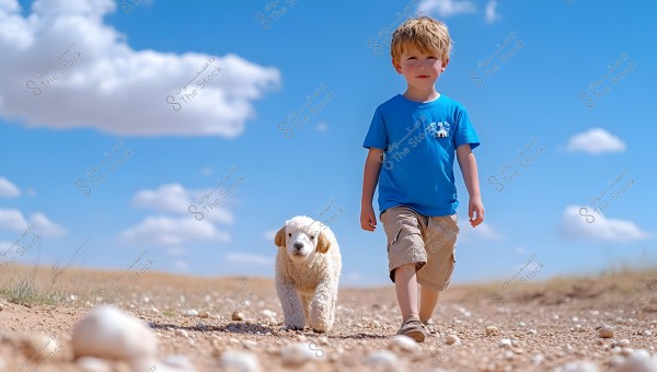 A young child wearing a blue shirt and beige shorts walks alongside a white dog in a desert area. The sky is blue with scattered clouds, and the path is covered with pebbles.
