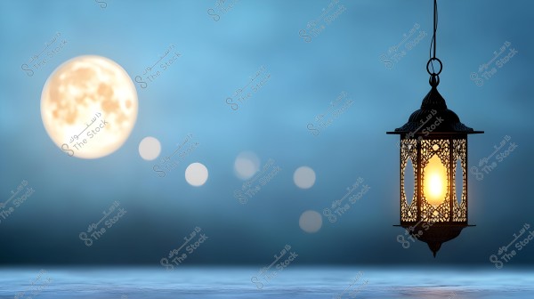An image depicting a hanging lantern with intricate cut-out patterns glowing with warm light against a blue background. In the background, a full moon is prominently illuminated with a few small scattered light spots, creating a serene, night-time atmosphere.