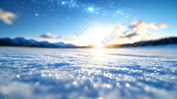 A scenic view showcasing a sunrise over a landscape covered with white snow. The sky is blue with scattered clouds, and stars sparkle in the distant sky. In the background, there are distant hills or mountains.