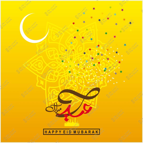 Eid Mubarak greeting card design with stars and a crescent on a yellow background.