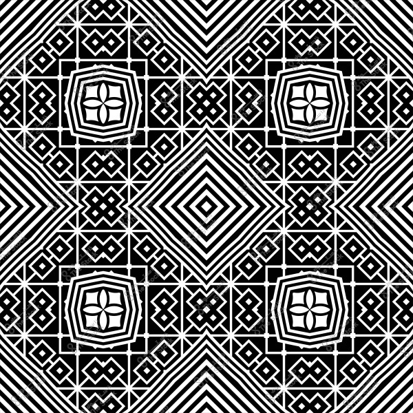 نمط هندسي بالأبيض والأسود يتضمن أشكالاً ماسية وزخارف متكررة.