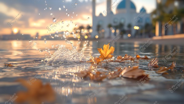 An image of a natural scene showing autumn leaves floating on the water\'s surface, with water droplets splashing in the air in the foreground. In the background, there is a mosque with Islamic architectural design featuring a blue dome and minarets, under a warm sunset sky.