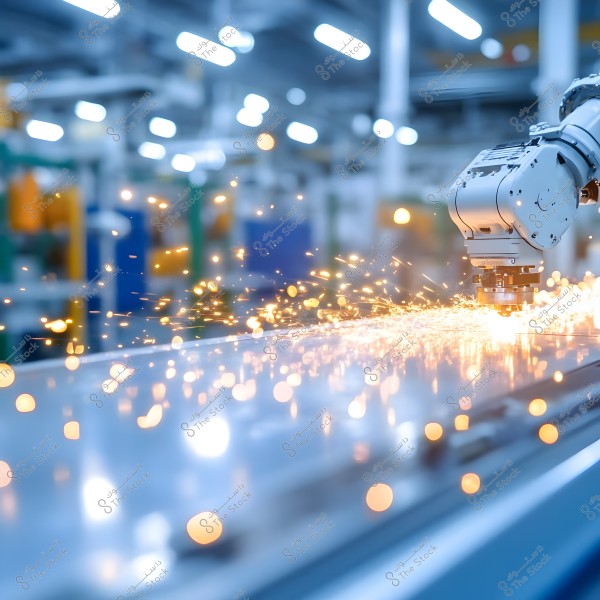 Image of a robotic arm performing a welding or cutting operation on a metal piece in a factory. Bright sparks fly around, creating a glowing effect against the blurred background. The environment looks like part of a modern industrial workshop with bright ceiling lights.