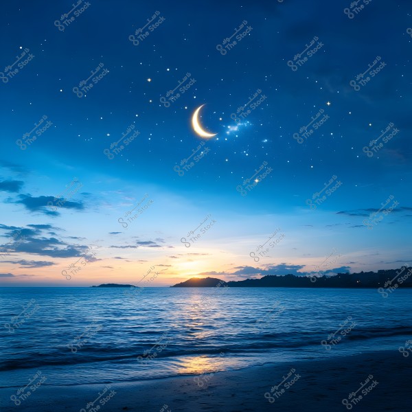 A landscape view of a beach at sunset. The sky transitions from blue to orange with scattered clouds. A crescent moon and twinkling stars are visible in the sky, reflecting their light on the calm sea waters. Distant islands create a charming horizon in the background.