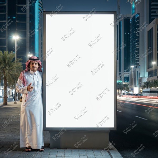 A man stands next to a bright billboard in a large city at night. He is wearing a white thobe and a red and white ghutra, giving a thumbs-up sign. In the background, there are tall buildings, neon lights, palm trees, and light trails from passing cars.