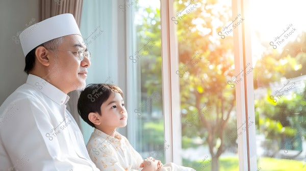 An image of a man wearing a white shirt and a white cap sitting beside a young child, both looking out through a window. Sunlight streams into the room, creating a warm atmosphere. The garden visible outside the window shows greenery and vibrancy.