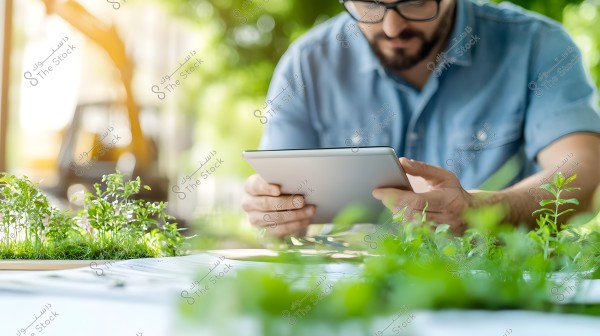 Image of a man wearing a short-sleeved blue shirt, sitting outdoors, holding a tablet. In the foreground, small green plants are growing on a desktop surface. The background features a green natural light, suggesting the presence of nature or a garden.