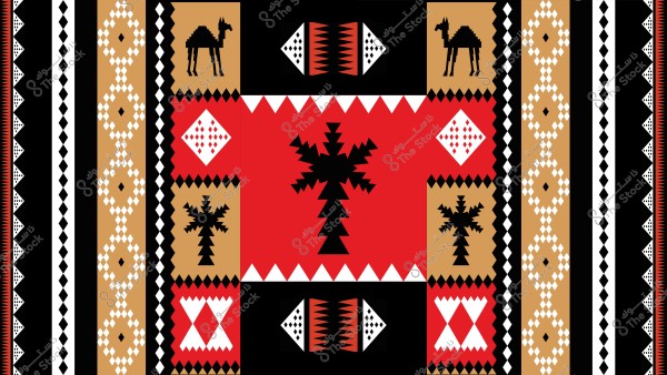 تصميم تقليدي يحتوي على أنماط هندسية بألوان الأحمر والذهبي والأسود والأبيض. تتضمن الأنماط أشكال النخيل والجمال, مع تفاصيل ماسية في الأرضية. يبرز الفن التراثي العريق في هذا التصميم الذي يعكس الطراز العربي التقليدي.