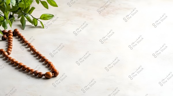 Image of a wooden prayer bead (misbaha) placed on a light-colored surface, with green leaves in the top left corner. The misbaha forms a curved shape on the smooth, bright surface.