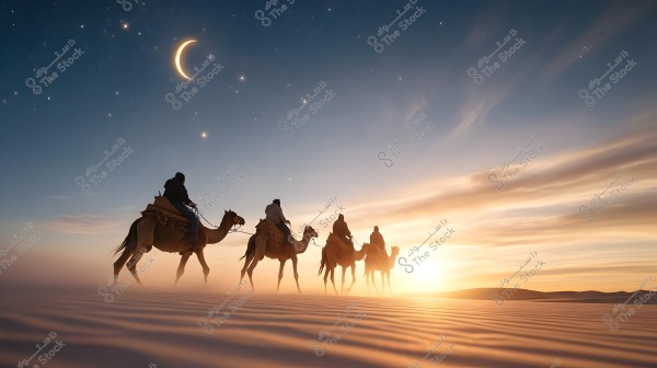 Image of four people riding camels in the desert under a starry evening sky with a crescent moon. The golden sunlight is visible behind the sand dunes, illuminating the scene beautifully. The people are wearing traditional clothing that appears to be Arabic.