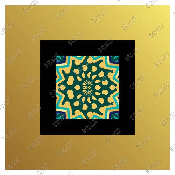 Geometric design of a star with intricate patterns in blue, yellow, and green within a golden frame.