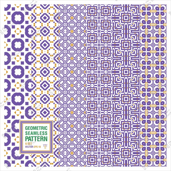 A set of geometric seamless patterns in purple and gold colors.