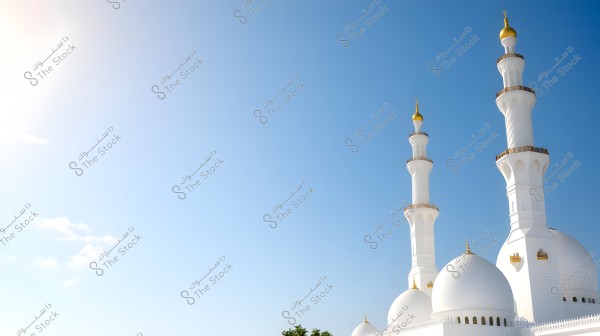 An image of a mosque with stunning architectural design, featuring white domes and tall minarets with golden tops. The clear blue sky serves as a simple background.