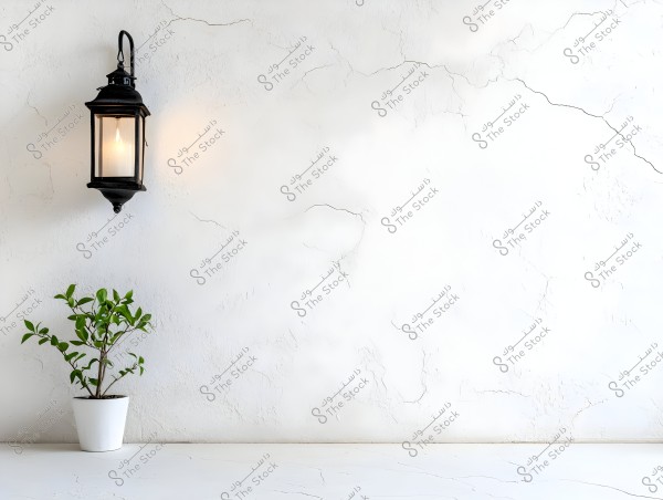 An image showing a black metal hanging lantern affixed to a slightly cracked white wall. To the lower left, there is a green plant in a white pot placed on a surface matching the wall color.