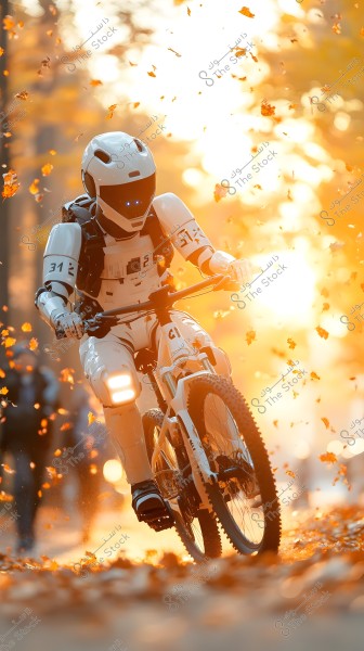 A robot wearing a helmet and protective gear rides a bicycle on a path covered with fallen leaves during autumn. The scene is illuminated by the soft light of the low setting sun, adding a warm atmosphere to the image.