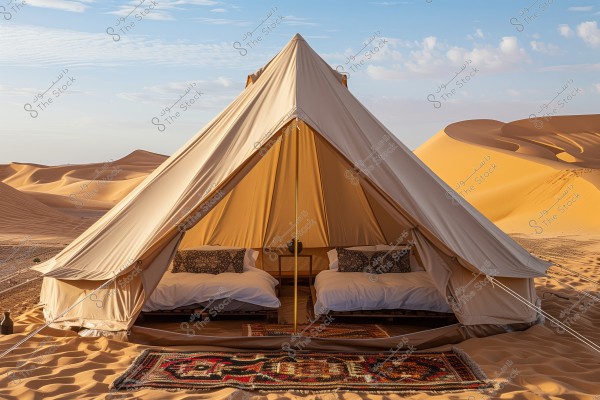 The image shows a luxurious desert tent set up on golden sand, featuring two beds equipped with pillows and traditional rugs. The background includes prominent sand dunes and a clear blue sky with a few scattered clouds.
