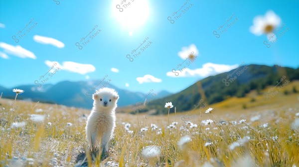 A picture of a cute small animal standing in an open field filled with white flowers, under a clear blue sky with scattered clouds. Mountains are visible in the background beneath a bright sun shining in the sky, adding a touch of natural beauty to the scene.